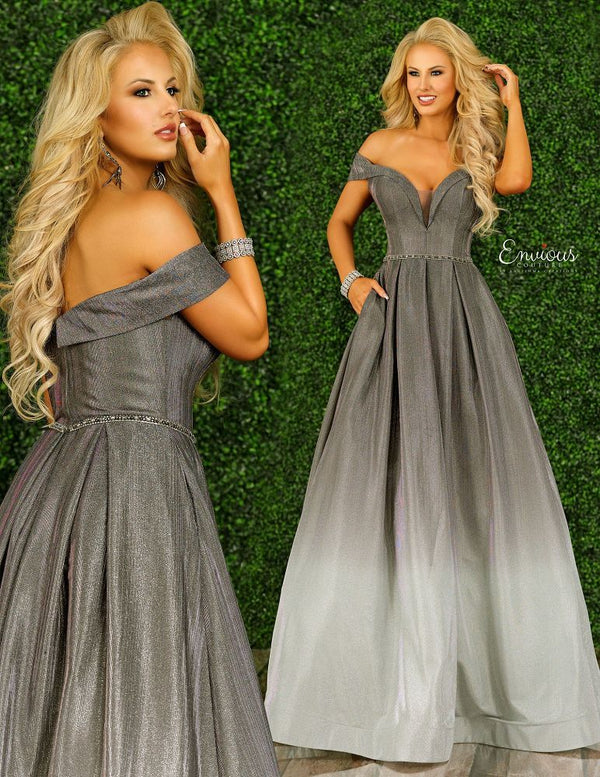 Envious Couture 1432 Gunmetal Ombre Off the Shoulder Ballgown