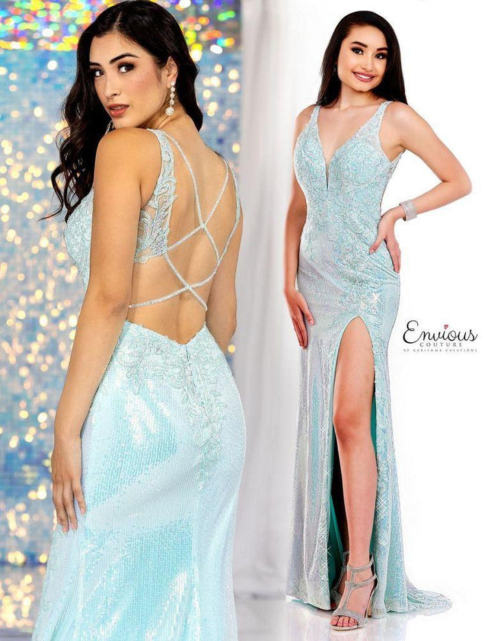 ENVIOUS Couture 1707 Mint Sequin Dress with Slit