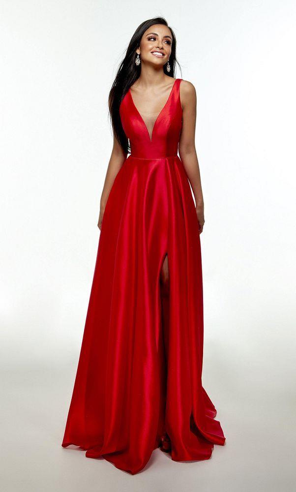 ALYCE PARIS 1704 Red V-Neck A-Line Dress with Slit