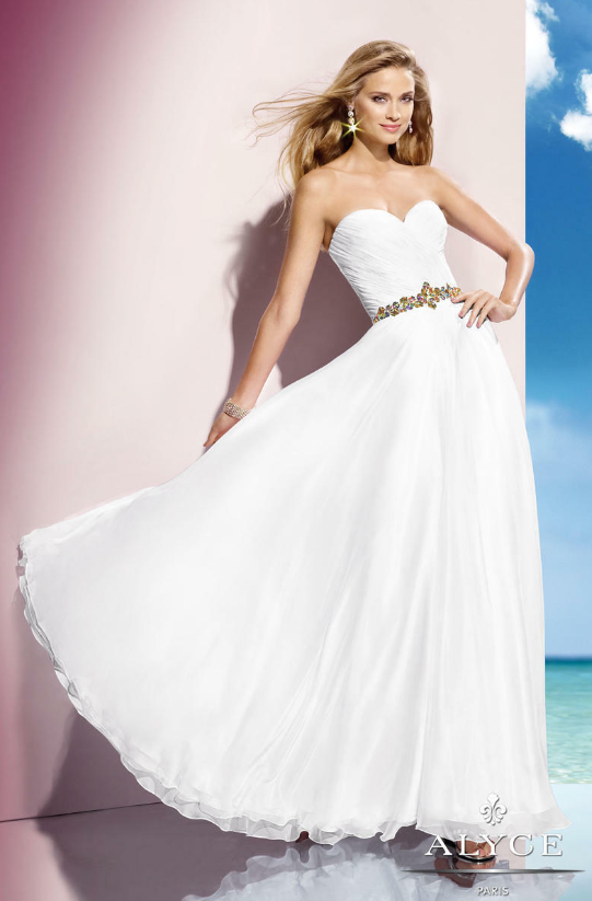 Alyce 35576 White Flowy Chiffon Dress with Beaded Waist Accent - Size 6