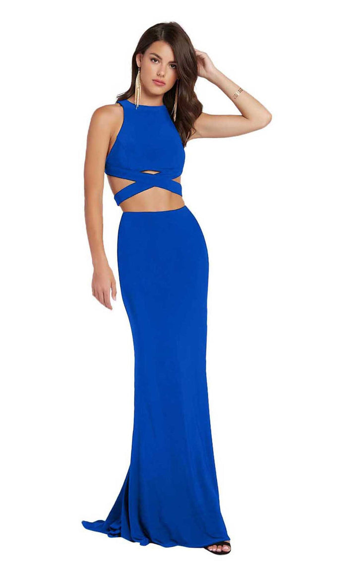 Alyce Paris 60003 Sapphire Blue High Neck Halter Jersey 2-Piece Dress - Size 12