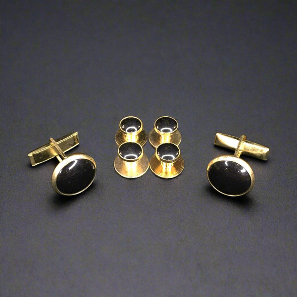 Black center with Gold edging Set includes 4 Studs and 2 Cufflinks to dresses up your Formal Tuxedo Shirt