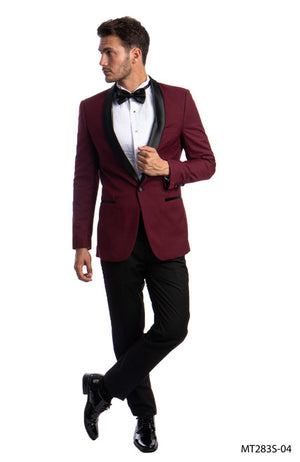 Azzuro Burgundy Black Shawl Lapel Tuxedo Black Pants Bowtie