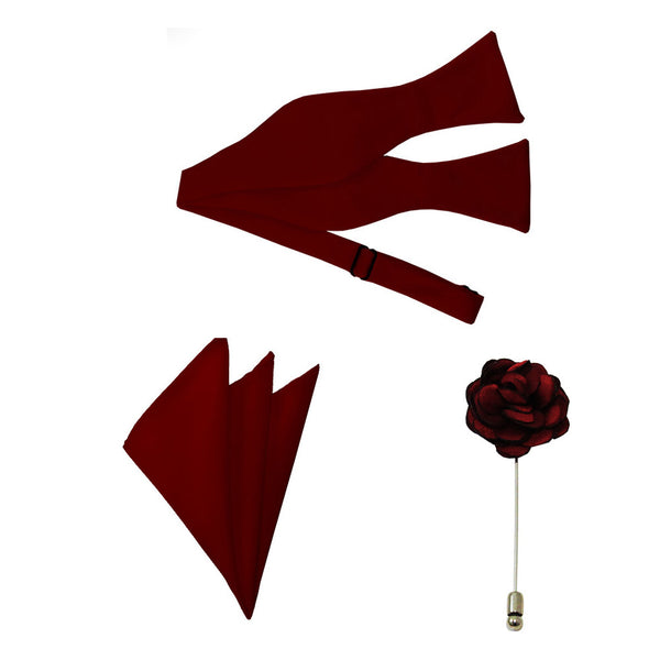Burgundy Bow Tie, Pocket Square, Lapel Pin Set