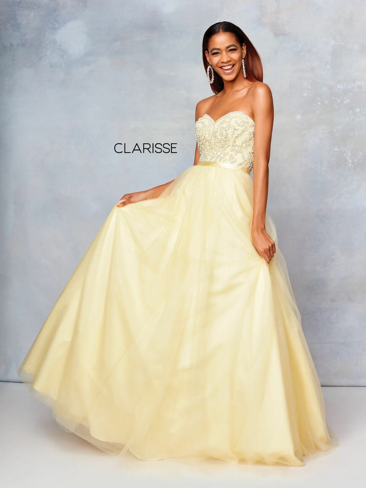 Clarisse 3738 Lemon Yellow Beaded Top Tulle Bottom Ballgown - Size 10