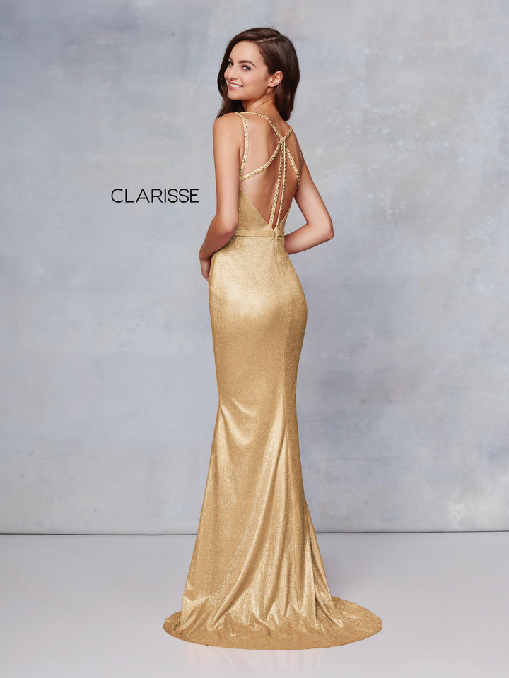Clarisse 3766 is a long fitted prom dress with a mock-wrap deep-v neckline, pleated bodice and skirt with a high slit and strappy open back, made in shimmering metallic fabric.