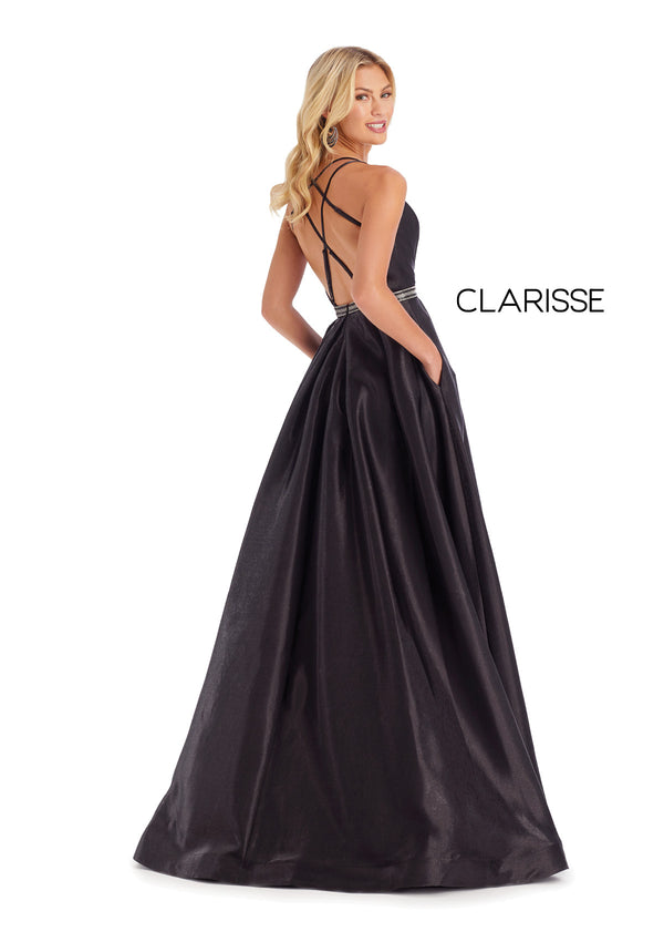 Clarisse 8087 is a long a-line prom dress with a pleated v-neck bodice, beaded belt, side pockets, and adjustable crossing back straps, made in shimmering satin. (Back show in Black)