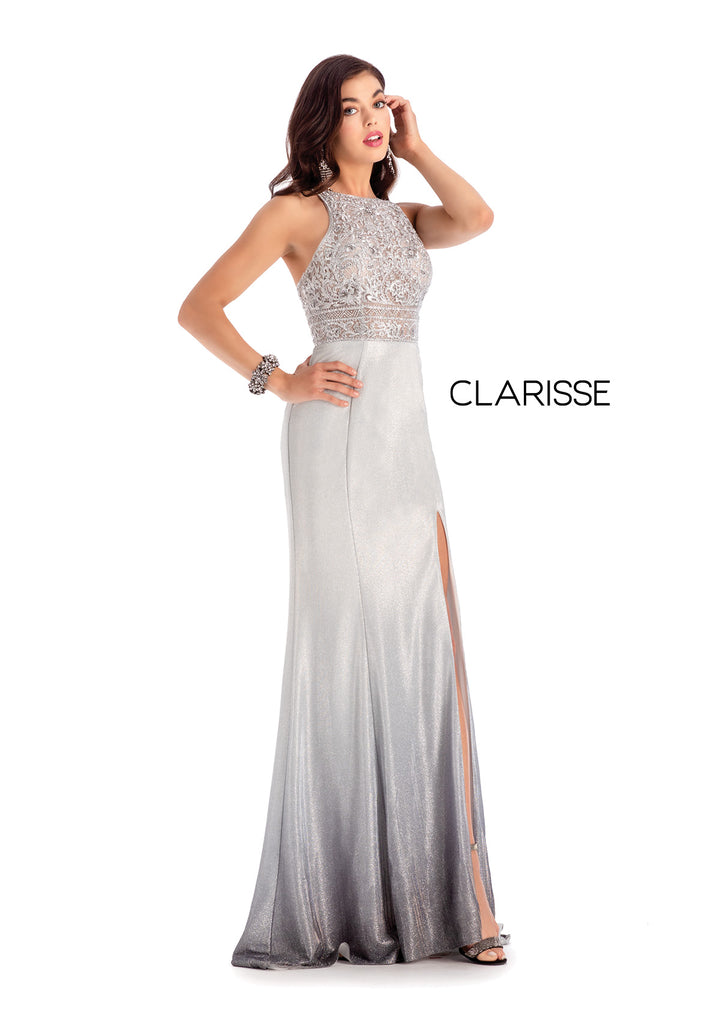 Clarisse 8100 is a long fitted prom dress with a high scoop neck lace bodice, open back with spaghetti straps, and shimmering silver ombre skirt with front slit.