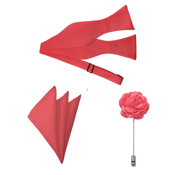 Coral Rose Bow Tie, Pocket Square & Lapel Pin Set