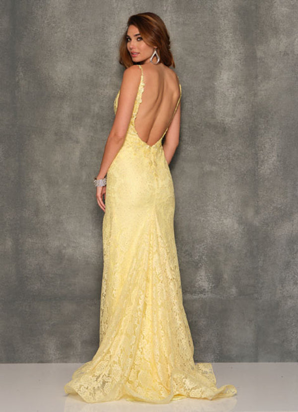 Dave & Johnny 10567 Fitted Yellow Lace Dress with Slit