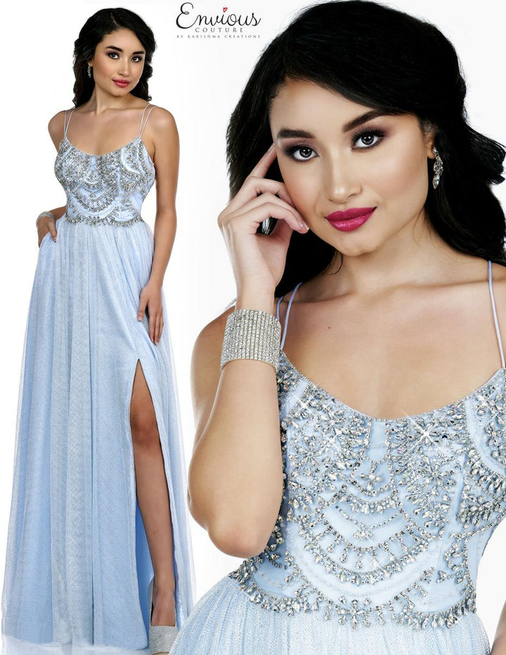 ENVIOUS Couture 1724 Ice Blue Jeweled Bodice Shimmer A-Line Dress