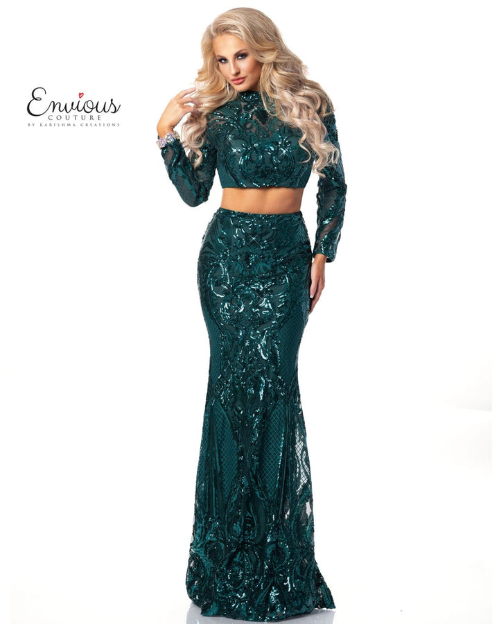 Envious Couture 1463 Emerald Long Sleeve 2 Piece Dress - Size 8