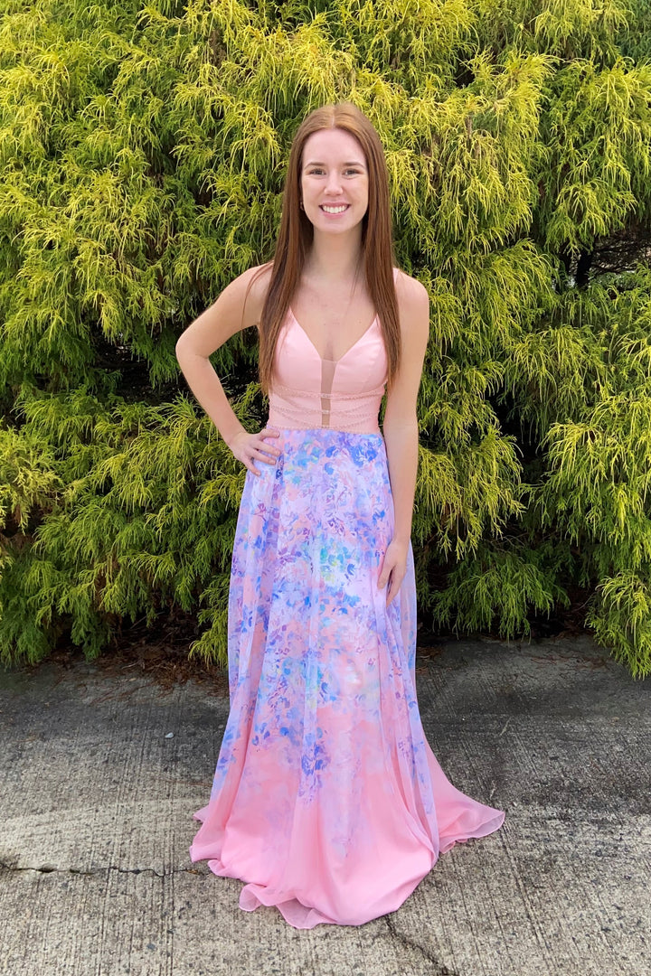 Ellie Wilde 119191 Floral Chiffon Dress - Pink or Blue
