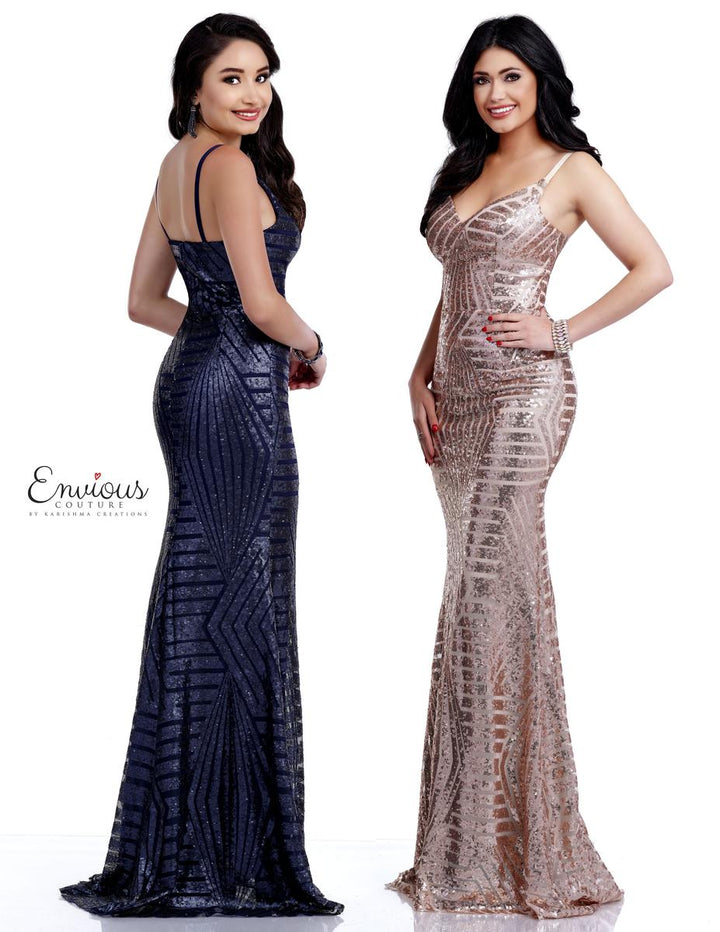 Envious Couture Prom by Karishma Creations style E1739 is Sequinned Tulle sheath dress with sweeheart neckline and spaghetti straps.