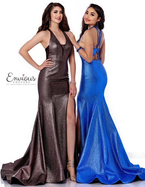 Envious Couture E1741 in Coco by Karishma Creations is a full length shimmering bronze tone Prom Dress featuring a plunging halter neckline with criss cross back detail. A fit-n-n-flare silhouette with a high slit and sweet train. 