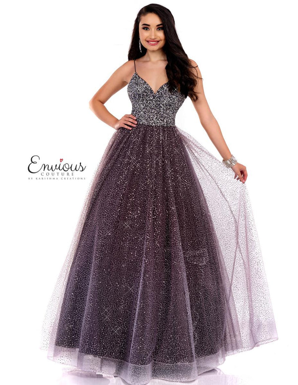 Envious Couture E1766 in Smoke by Karishma Creations is a glittering ballgown with fully beaded and sequined bodice featuring a sweetheart neckline and spaghetti straps. The a-line tulle skirt is throughly sparkles with sequins sewn throughout and has an ombre effect  that lightens in color at the bottom of this dress.