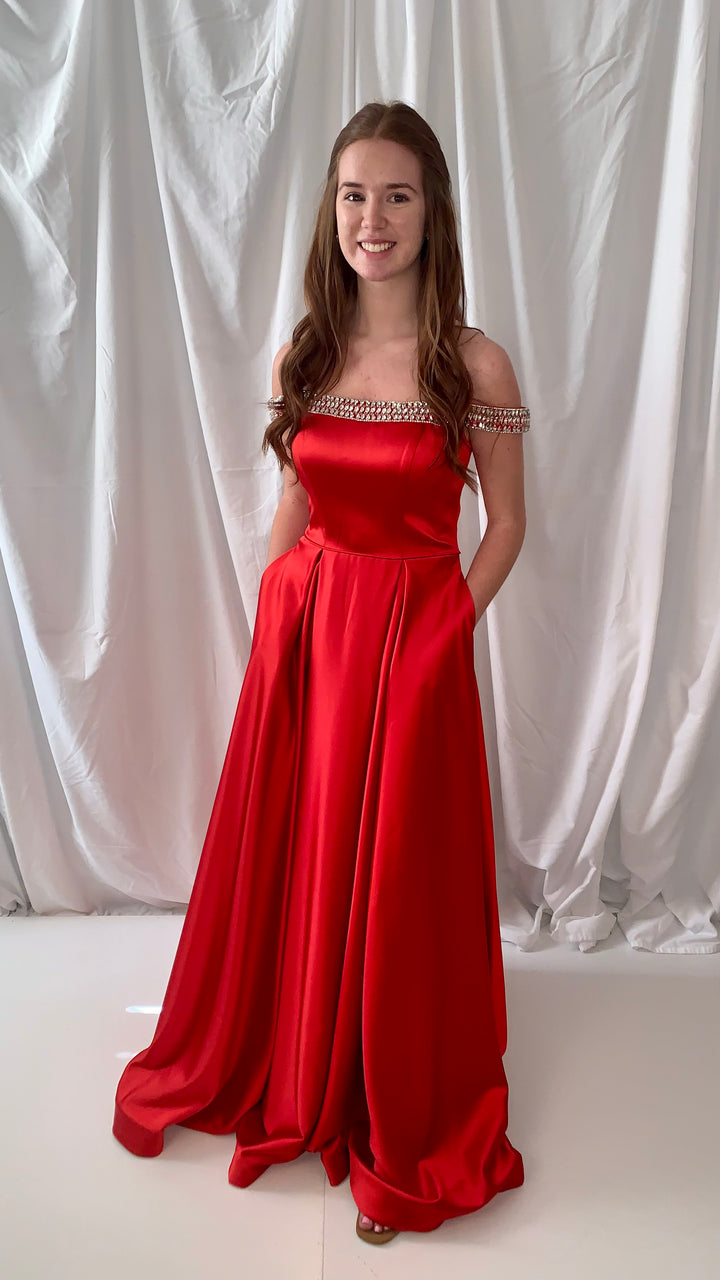 JVN by Jovani 2282 Red Off Shoulder Satin A-Line Dress - Size 4