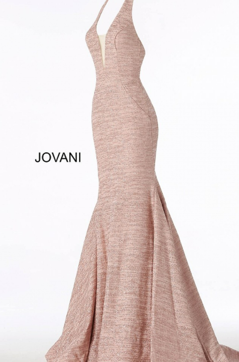 JOVANI 55414 Blush Halter Fit-n-Flare Glitter Jersey Dress