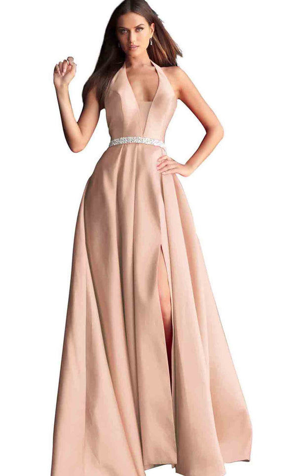 JOVANI 63652 Blush Halter A-Line Mikado Dress w/ Slit