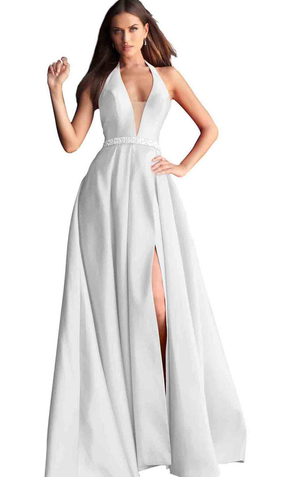 JOVANI 63652 White Halter A-Line Dress w/ Slit