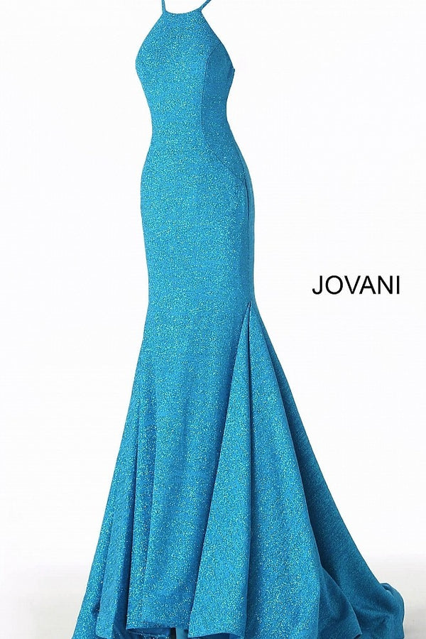 JOVANI 65416 Ocean Blue High Neck Glitter Mermaid Dress - Size 10