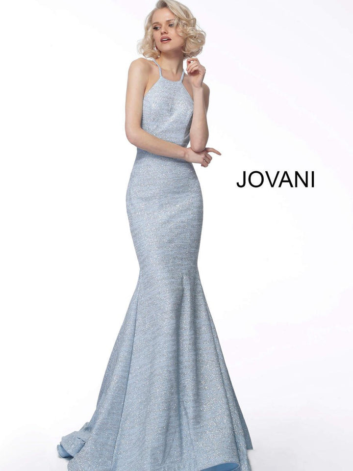JOVANI 65416 Soft Blue High Neck Glitter Mermaid Dress - Size 8