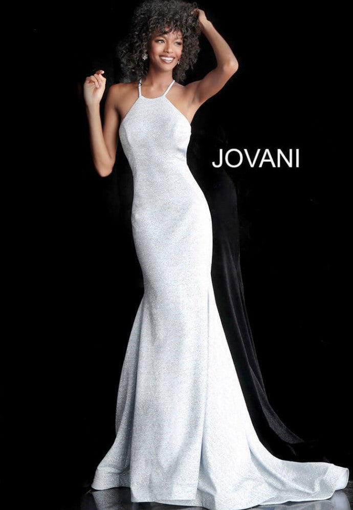 JOVANI 65416 White High Neck Glitter Mermaid Dress - Size 10