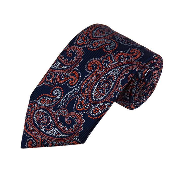 Navy Blue / Dark Orange / Silver Paisley Print Necktie
