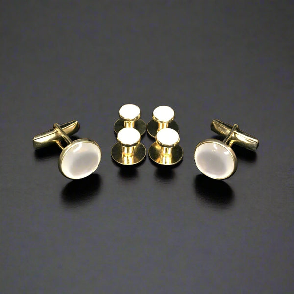 Pearl White center with Gold Edging Set includes 4 Studs and 2 Cufflinks to dresses up your Formal Tuxedo Shirt