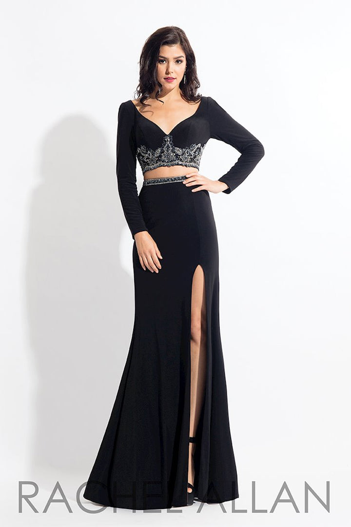 Rachel Allan 6137 Black Jersey 2 Piece Dress with Long Sleeves and Slit
