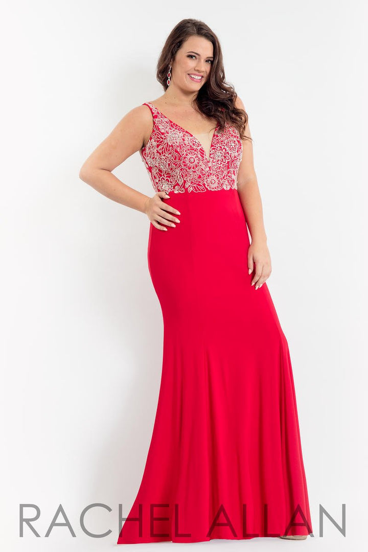 Rachel Allan Curves 6333 Red V-Neck Jersey Fit-n-Flare Dress