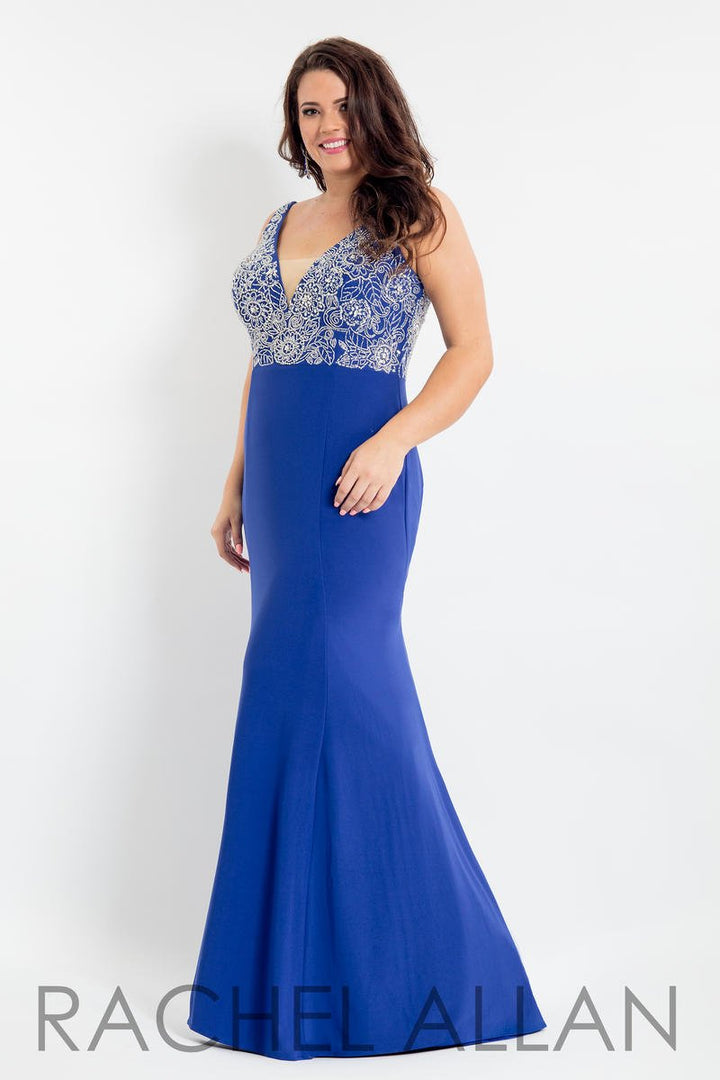 Rachel Allan 6333 Royal Blue V-Neck Jersey Fit-n-Flare Dress - Size 30