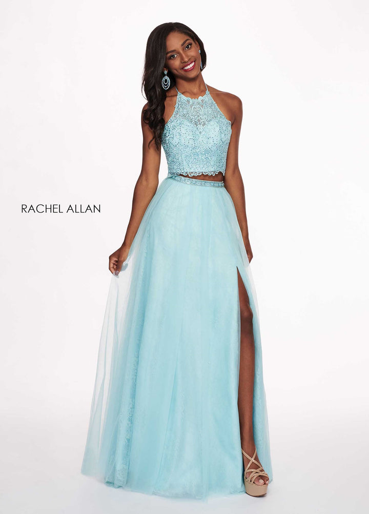 Rachel Allan 6437 Mint Blue Halter 2 Piece Dress with Slit
