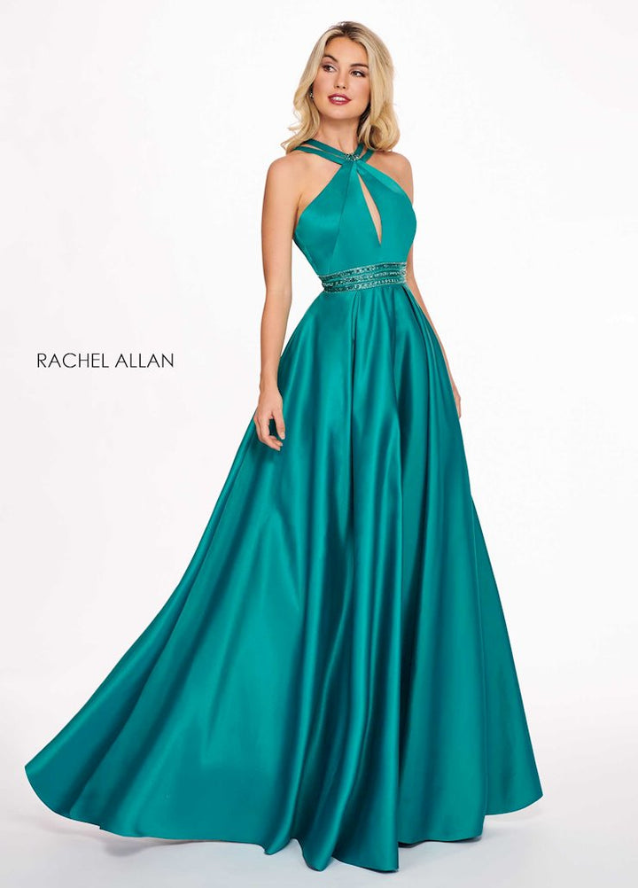 Rachel Allan 6674 Jade Green Satin A-Line Dress with Pockets - Size 6