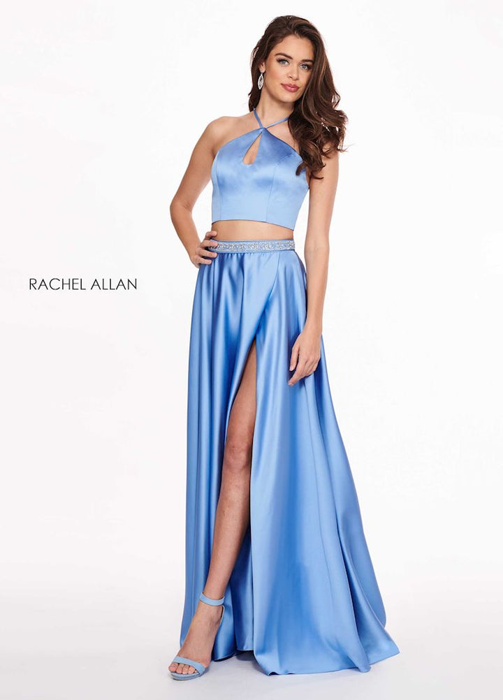 Rachel Allan 6483 Periwinkle 2 Piece Satin Dress with Slit