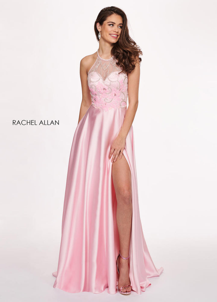 Rachel Allan 6487 Soft Pink Satin A-Line Dress with Slit
