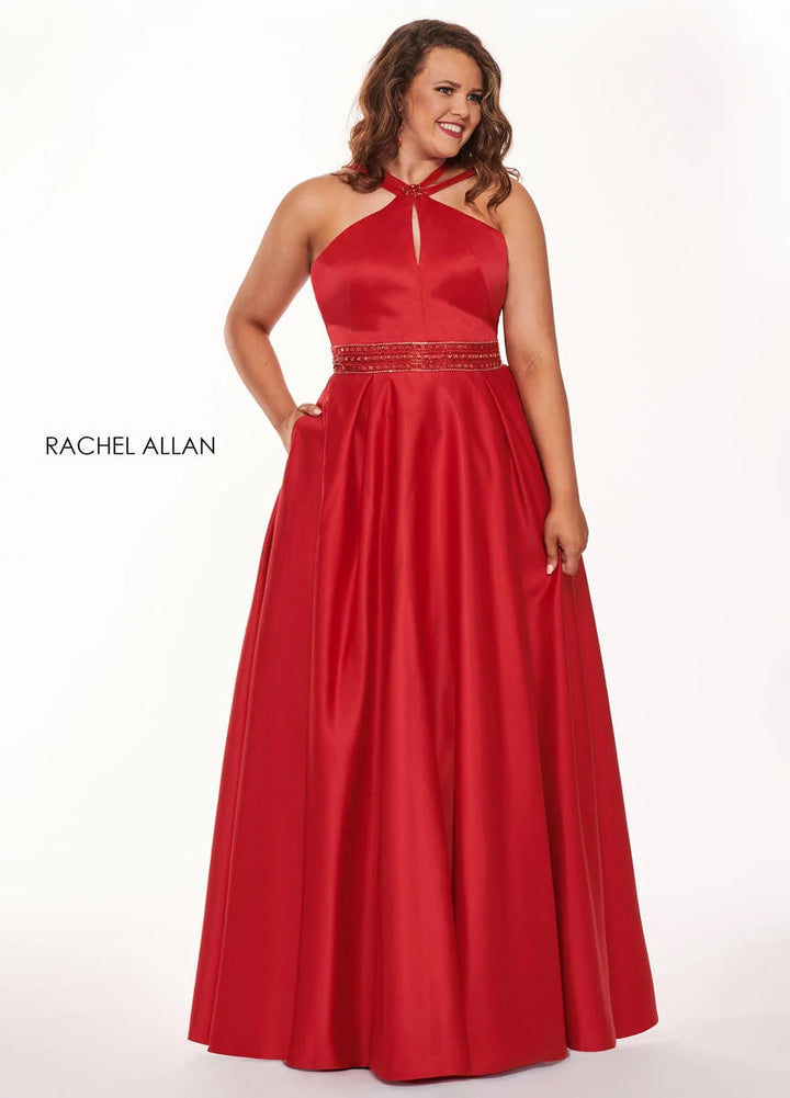 Rachel Allan 6674 Red Satin A-Line Dress with Pockets