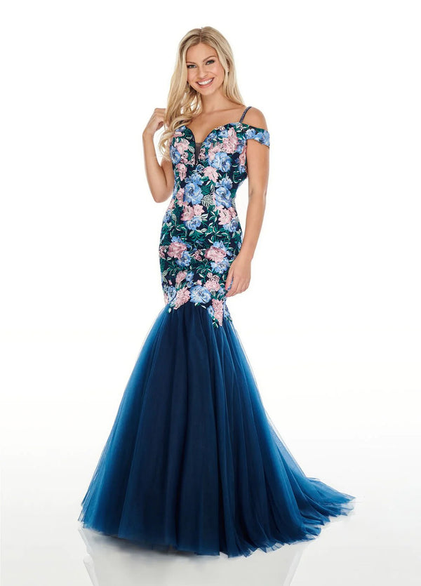 Rachel Allan 7001 Navy Embroidered Floral Mermaid Dress