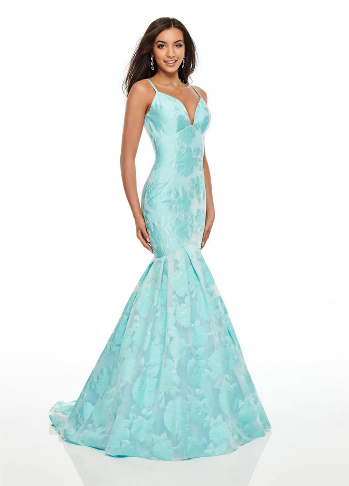 Rachel Allan 7087 Aqua Floral Jacquard Mermaid Dress