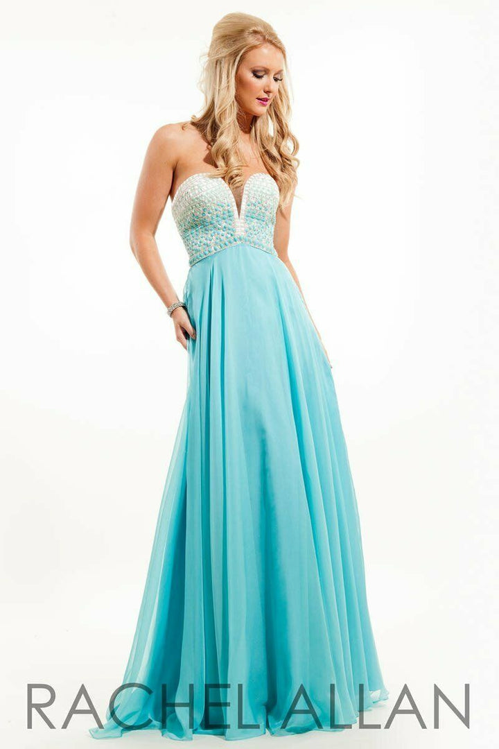 White and Aqua beading create an ombre effect on the bodice of this strapless chiffon a-line dress.