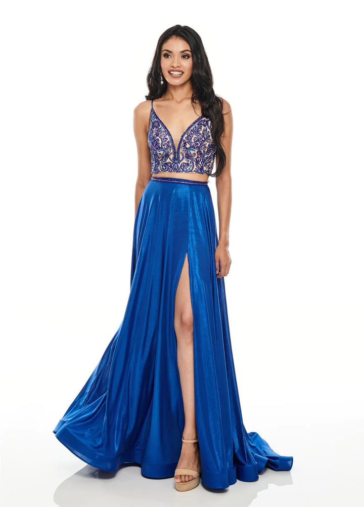 Rachel Allan 7209 Royal Blue Shimmer 2 Piece Dress with Slit