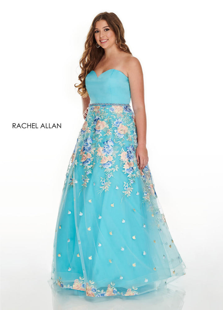 Rachel Allan Curves 7219 Aqua Floral Embroidered A-Line Dress