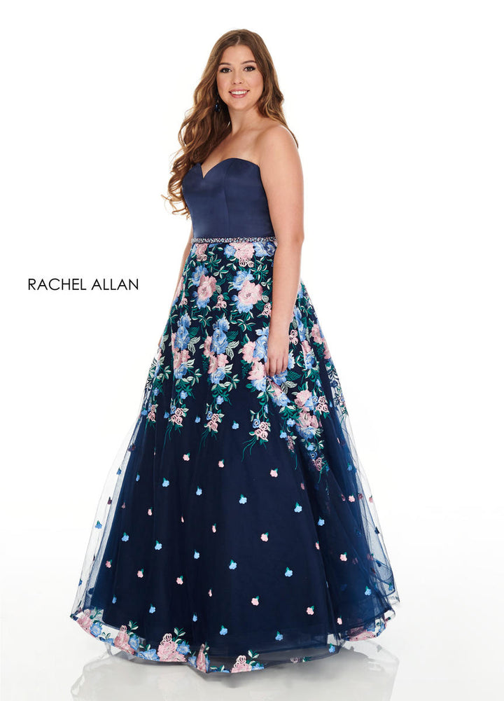 Rachel Allan Curves 7219 Navy Floral Embroidered A-Line Dress - Size 14