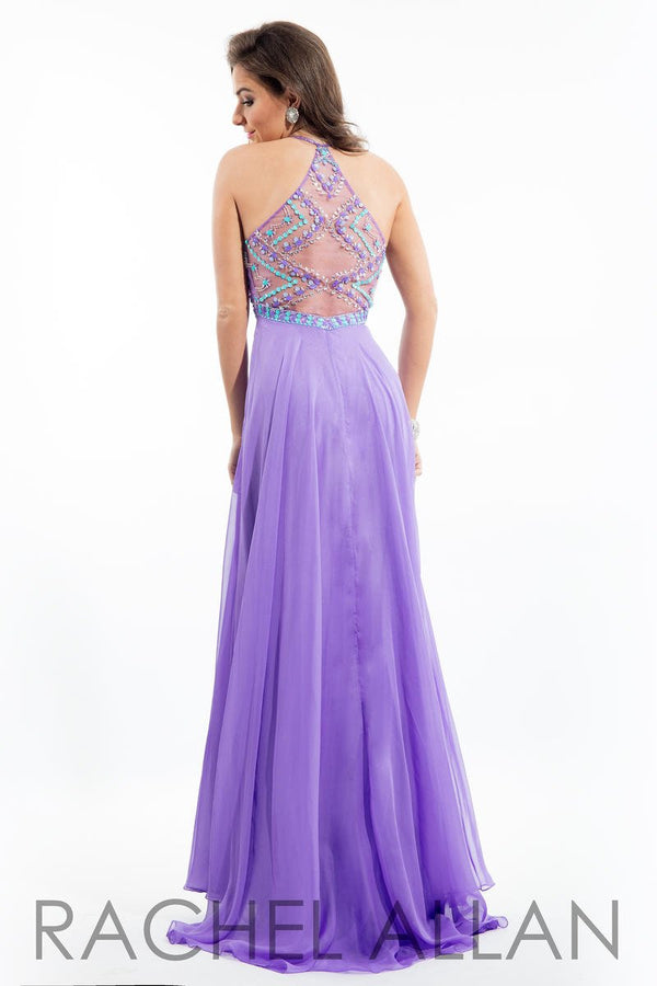 Beautiful Lilac sweetheart chiffon dress with lilac and turquoise beaded illusion halter neckline and back detail.