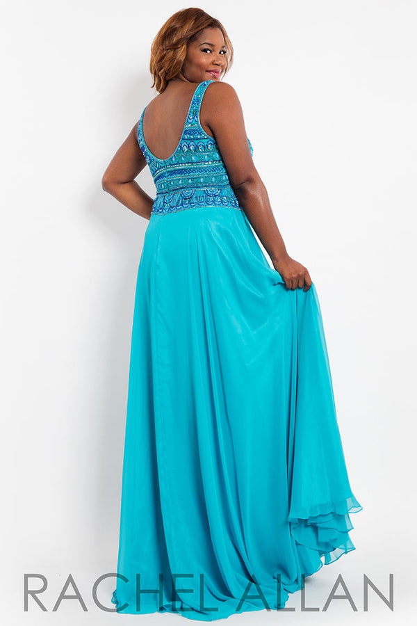 Rachel Allan 7804 Aqua Chiffon Dress with Beaded Bodice