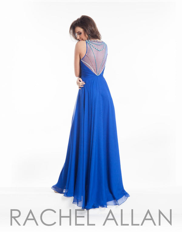 Stunning Royal Blue chiffon dress with unique sweetheart and beaded halter neckline with beaded illusion back detail.