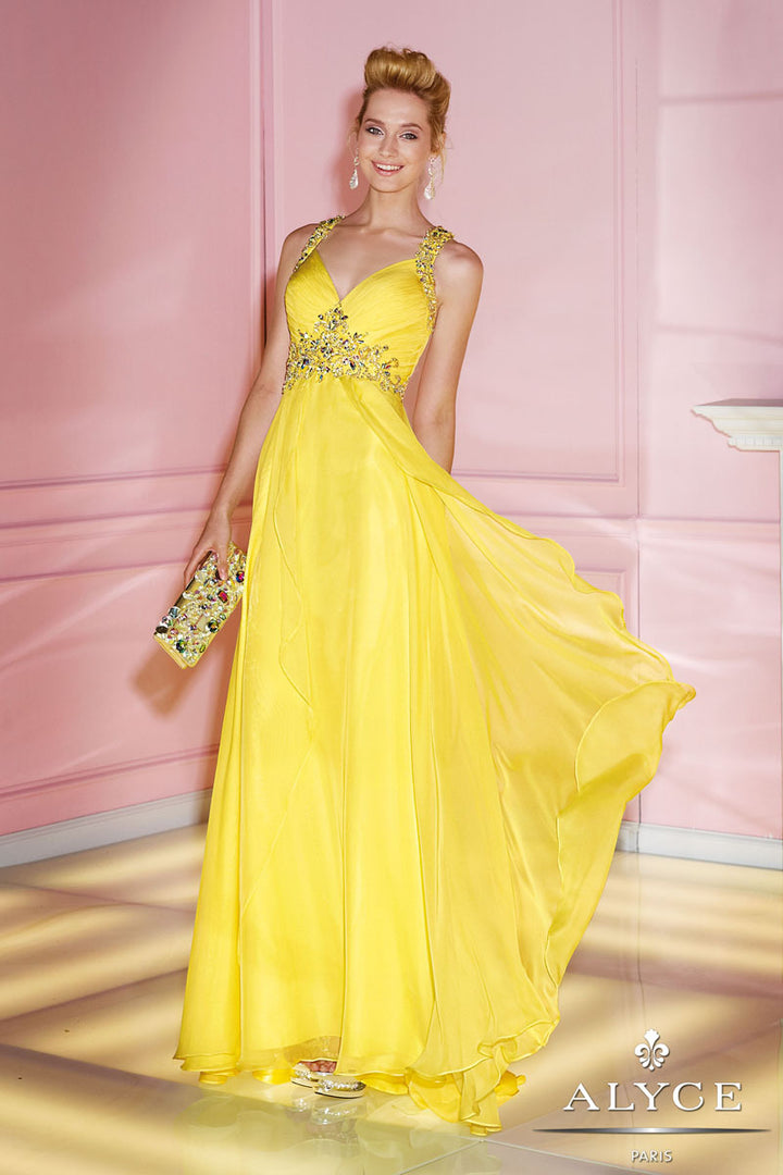 Alyce Paris style 6249 in Lemon Yellow features a beautifully ruched bodice with v-neckline. Shimmering iridescent jewels and beading that highlight an empire waist and low back. Dazzling jewels adorn the shoulder straps that meet with hook and eye closure. 